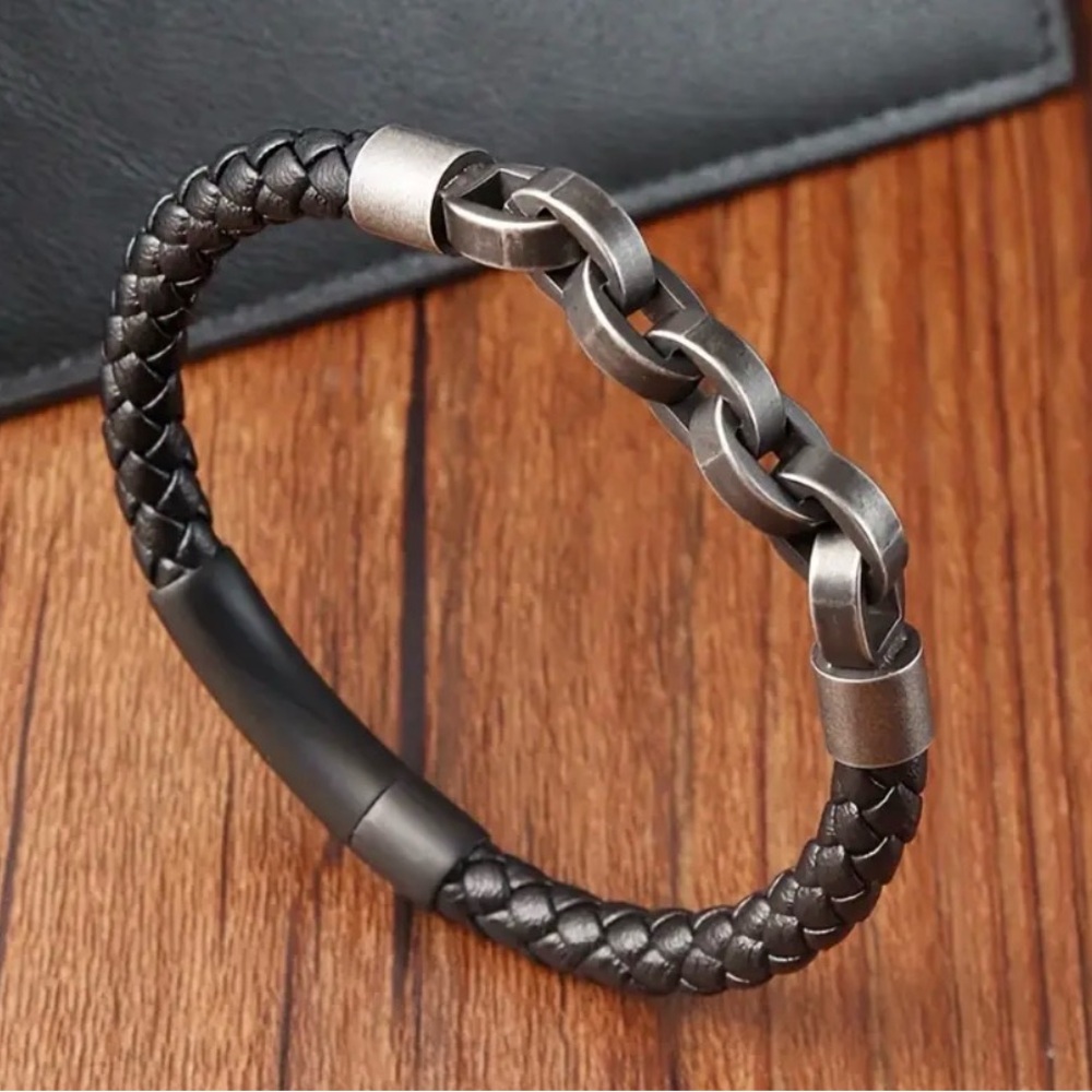 Mens Stainless Steel & Faux Leather Woven Bracelet With Magnetic Clasp